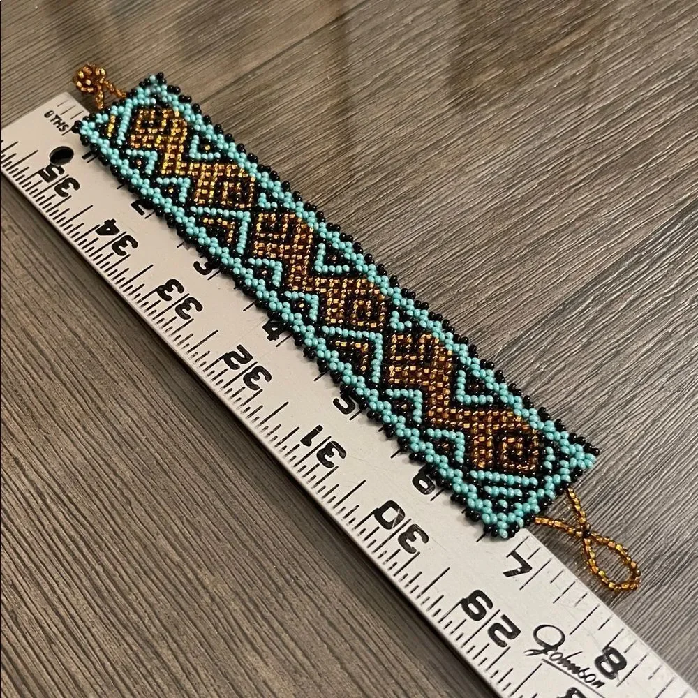 Miyuki Boho Beaded Bracelet – Turquoise & Amber Geometric Pattern Peyote Stitch